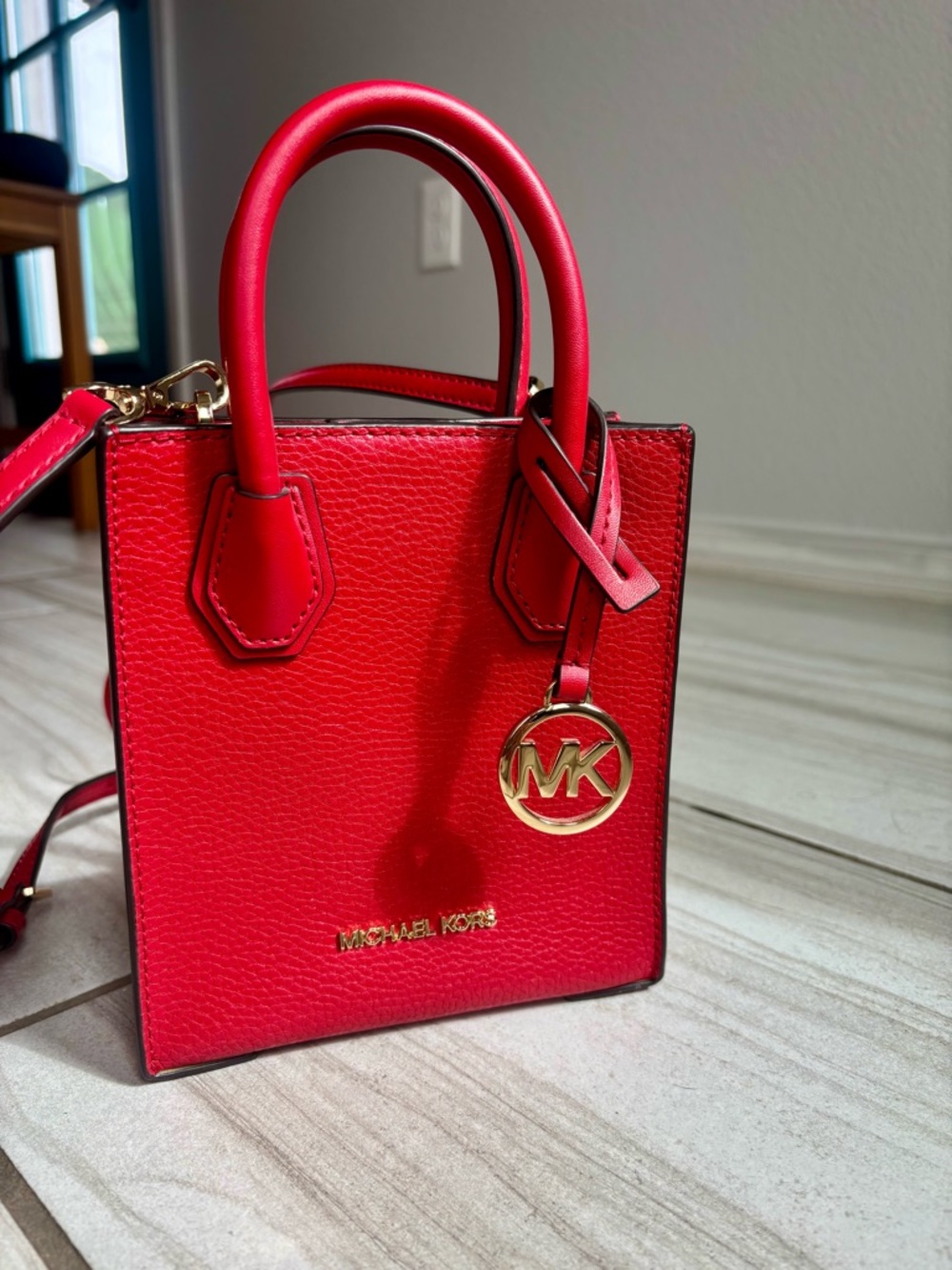 Michael Kors Fire Red Leather Mini Tote with Gold MK Charm
